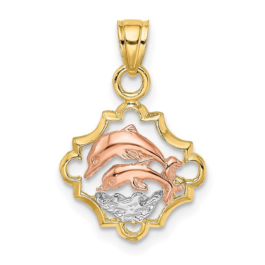 Two-tone with Rhodium Double Dolphins In Frame Charm - WBC