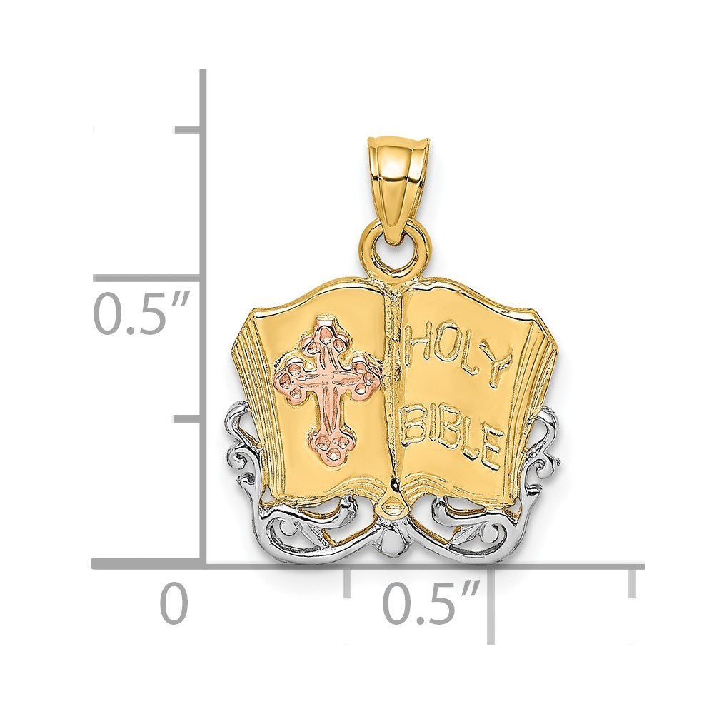 Two-tone and Rhodium Open Holy Bible with Cross Charm - WBC