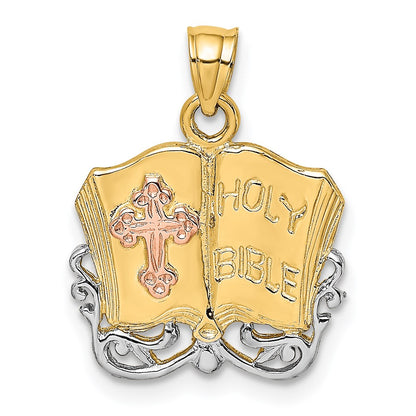 Two-tone and Rhodium Open Holy Bible with Cross Charm - WBC