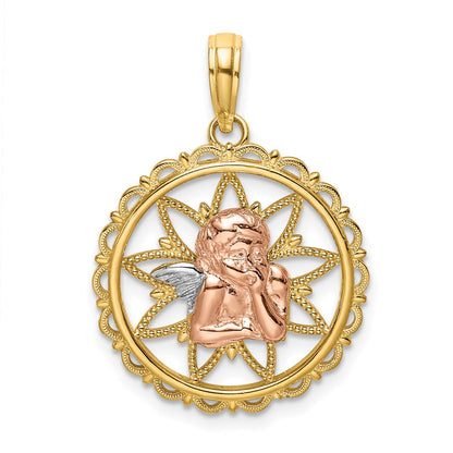 Two-tone with Rhodium Cut-out Angel on Round Scalloped Frame Charm - WBC
