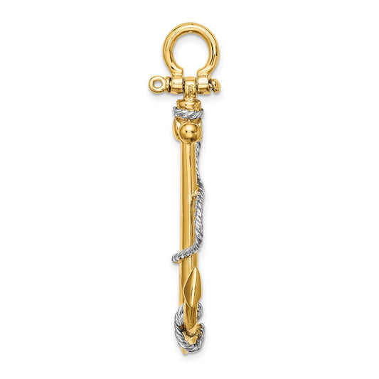 and Rhodium 3-D Large Anchor with Rope and Shackle Bail Charm - WBC