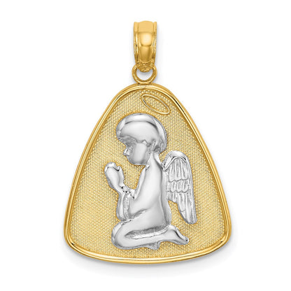 and Rhodium Angel Praying with Halo On Triangle Disc Pendant - WBC
