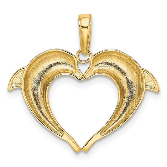 14K Gold Double Dolphin Heart Pendant, Rhodium-Plated, 25.24mm