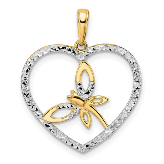 and Rhodium Diamond-cut Dragonfly in Heart Pendant - WBC