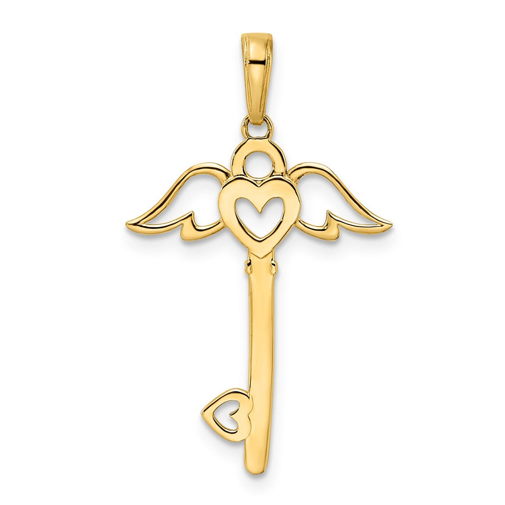 and Rhodium Diamond-cut Heart/Angel Wings Key Pendant - WBC