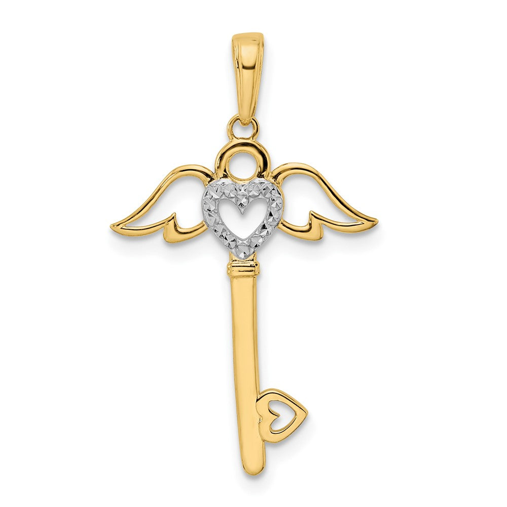 and Rhodium Diamond-cut Heart/Angel Wings Key Pendant - WBC