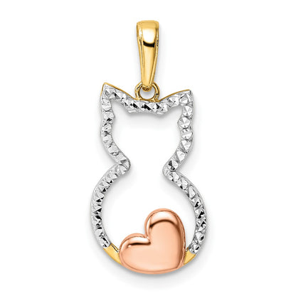 and and Rhodium Diamond-cut Cat with Heart Pendant - WBC