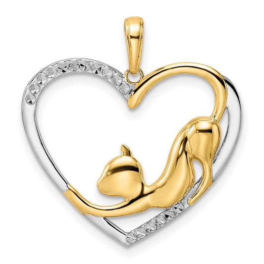 and Rhodium Diamond-cut Cat Stretching in Heart Pendant - WBC