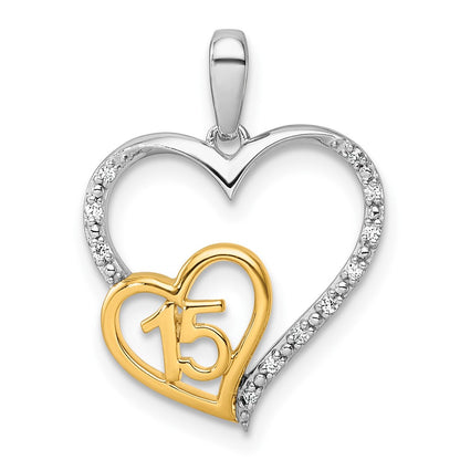 Two-tone Polished 1/20 carat Diamond Quinceanera 15 Heart Pendant - WBC
