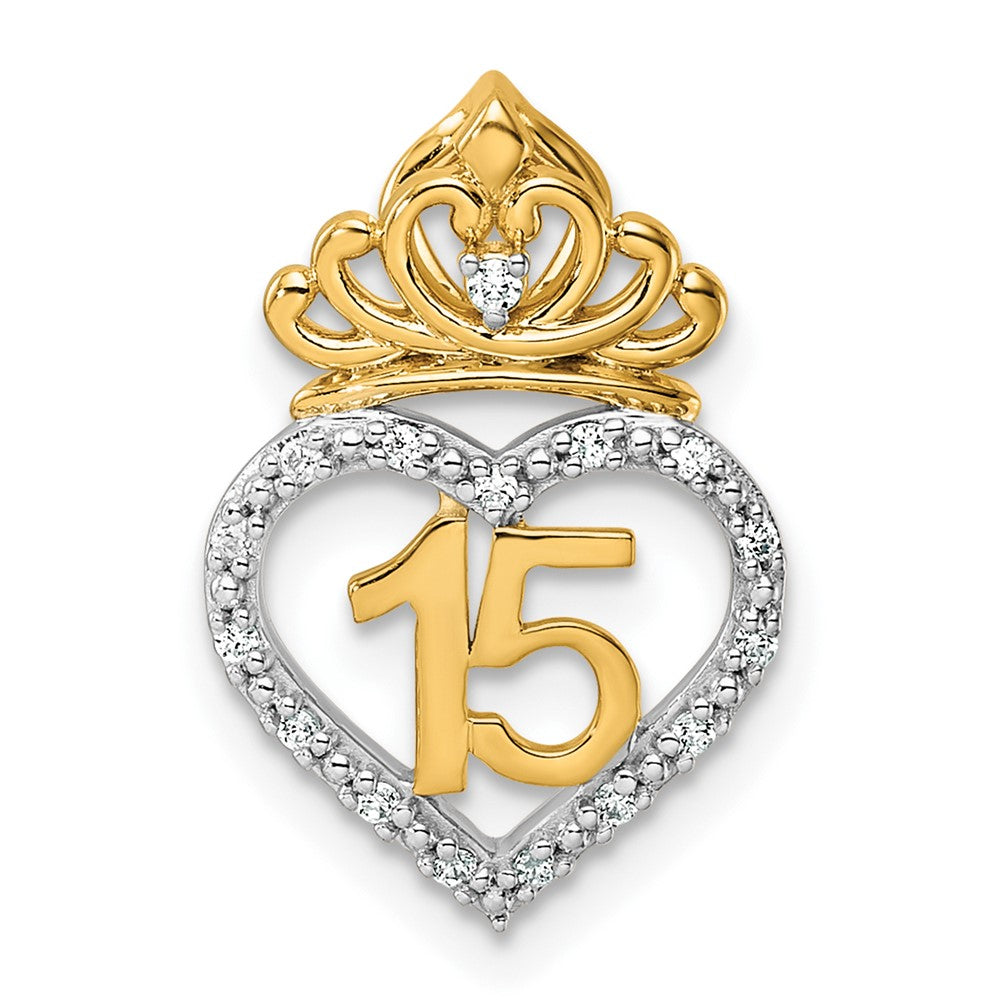 Two-tone 1/15 carat Diamond Quinceanera 15 Heart with Crown Chain Slide - WBC