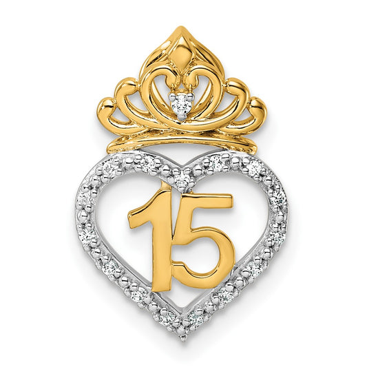 Two-tone 1/15 carat Diamond Quinceanera 15 Heart with Crown Chain Slide - WBC