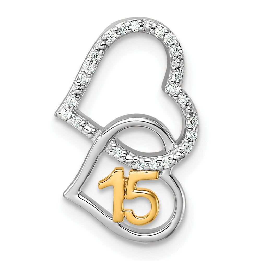 Two-tone Polished 1/15 carat Diamond Quinceanera 15 Double Heart Chain Slide - WBC