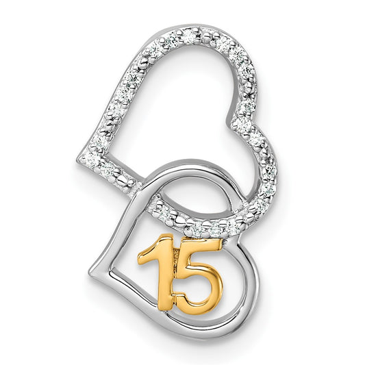 Two-tone Polished 1/15 carat Diamond Quinceanera 15 Double Heart Chain Slide - WBC