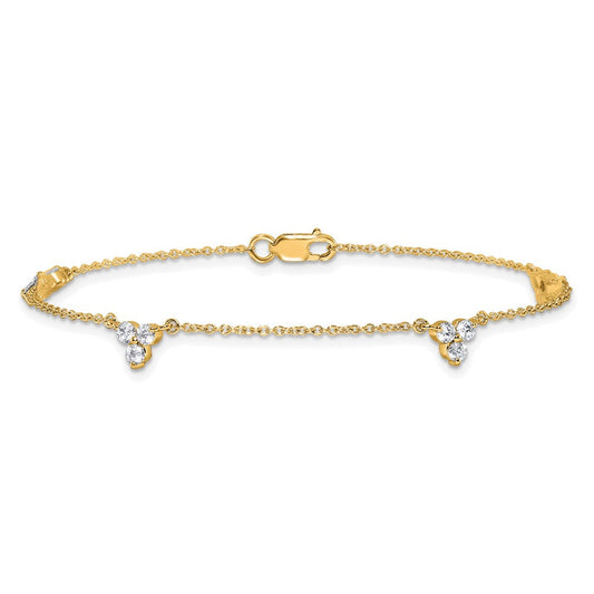 14K Gold 5/8 ct Diamond 3-Stone Cluster 4-Station Bracelet, 1mm, Lobster Clasp