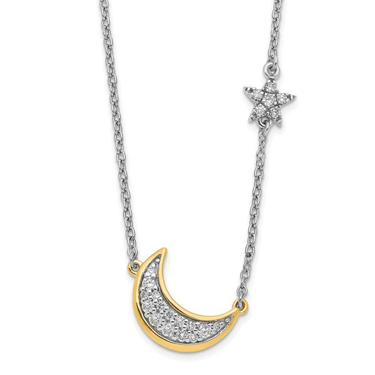 Two-tone 1/6 carat Diamond Crescent Moon with Star Necklace - WBC