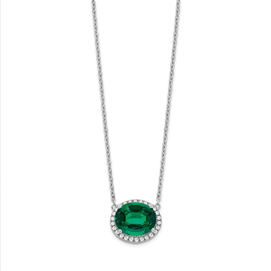 Oval Lab Created Emerald and Diamond Halo East-West Necklace - WBC