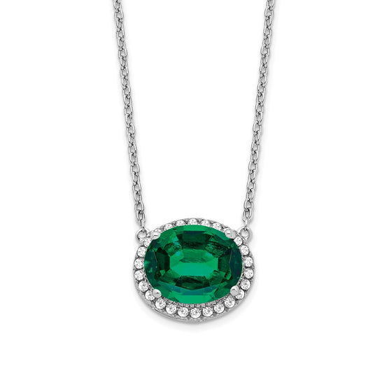 Oval Lab Created Emerald and Diamond Halo East-West Necklace - WBC