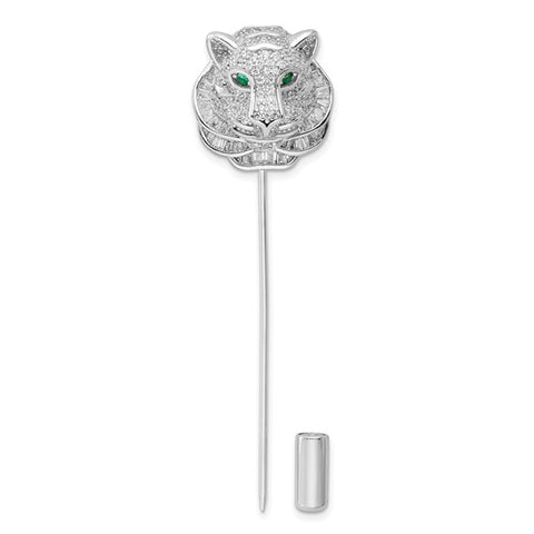 Sterling Silver Rhodium-plated Polished Clear and Green CZ Tiger Pin