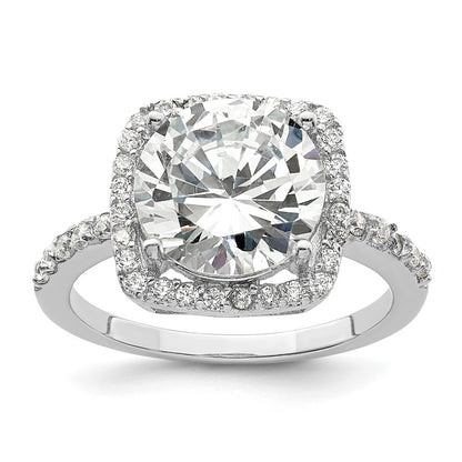 Rhodium-plated Polished CZ Square Halo Ring - WBC