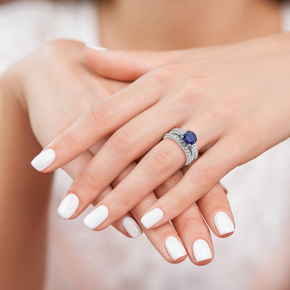 Rhodium-plated Blue CZ Engagement Ring and CZ Wedding Band Set - WBC