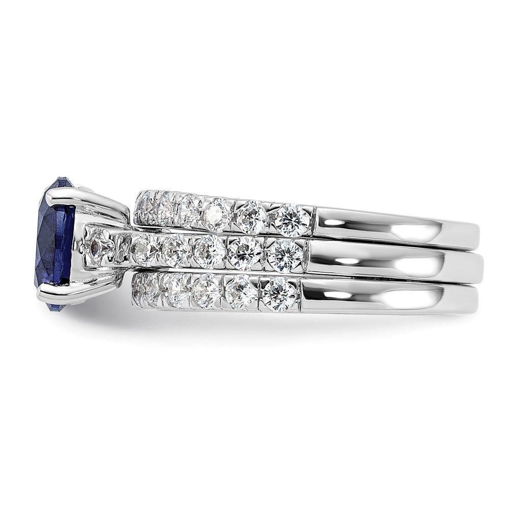 Rhodium-plated Blue CZ Engagement Ring and CZ Wedding Band Set - WBC