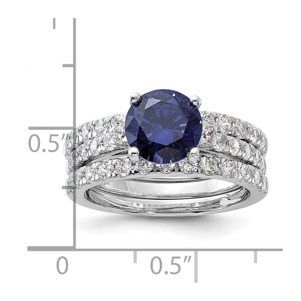 Rhodium-plated Blue CZ Engagement Ring and CZ Wedding Band Set - WBC