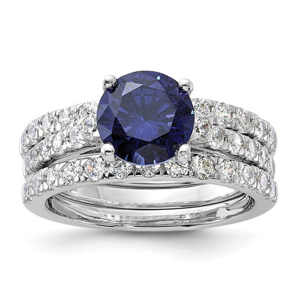 Rhodium-plated Blue CZ Engagement Ring and CZ Wedding Band Set - WBC