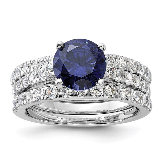 Rhodium-plated Blue CZ Engagement Ring and CZ Wedding Band Set - WBC