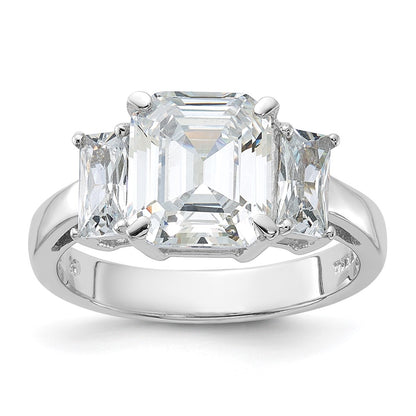 Rhodium-plated Emerald-cut CZ 3-stone Ring - WBC