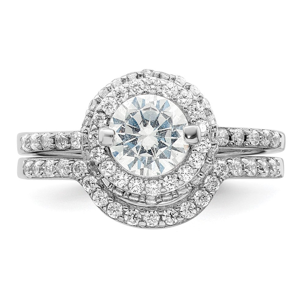 Rhodium-plated CZ Halo Engagement Ring & Band Set - WBC