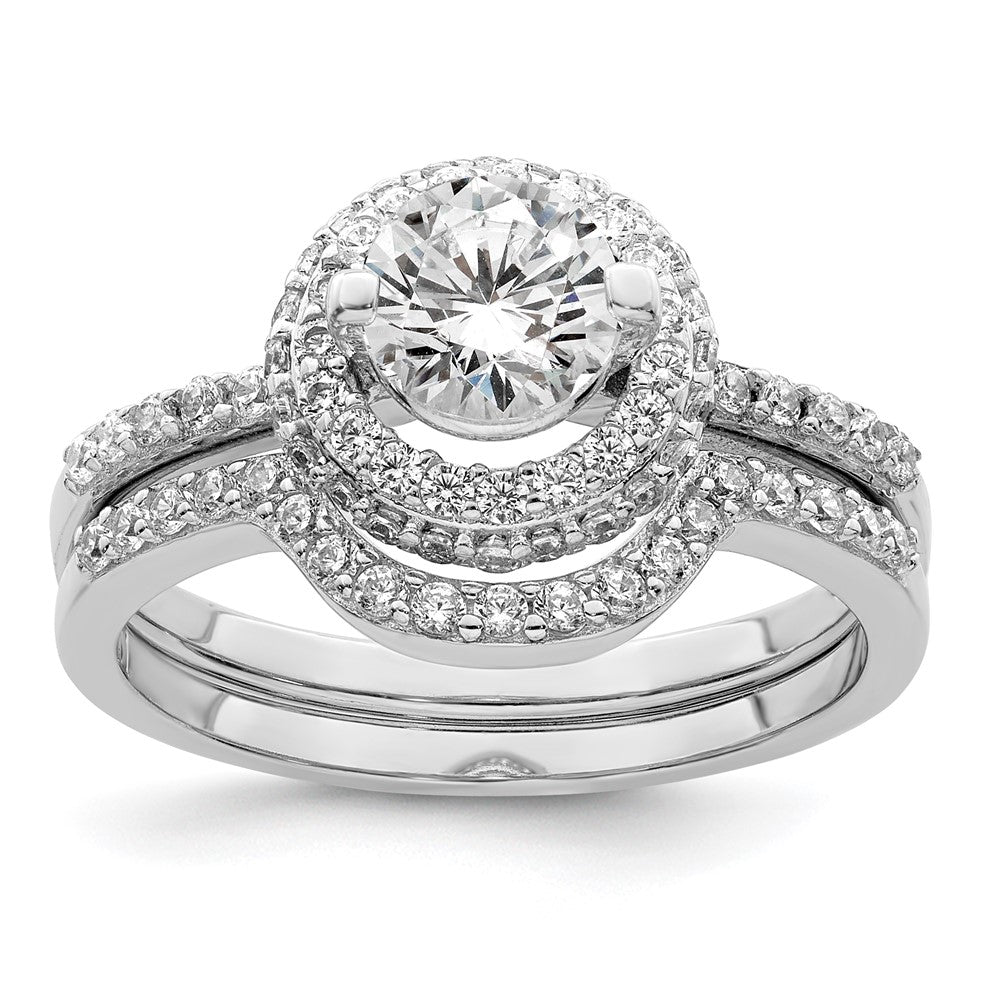 Rhodium-plated CZ Halo Engagement Ring & Band Set - WBC