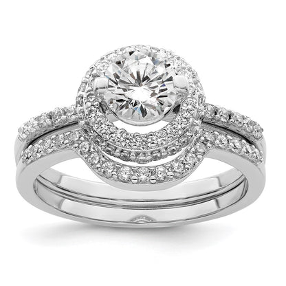 Rhodium-plated CZ Halo Engagement Ring & Band Set - WBC