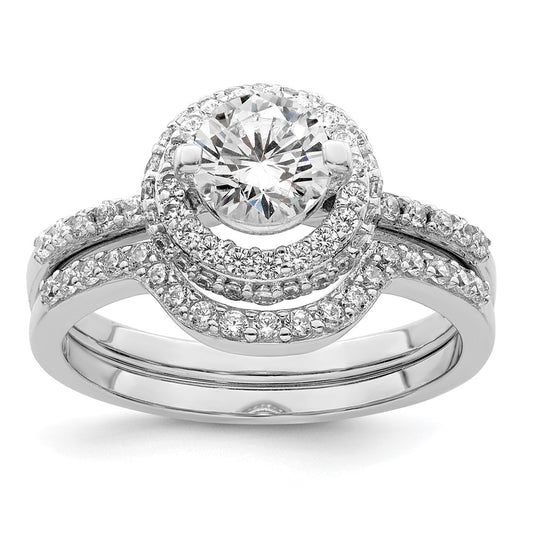 Rhodium-plated CZ Halo Engagement Ring & Band Set - WBC