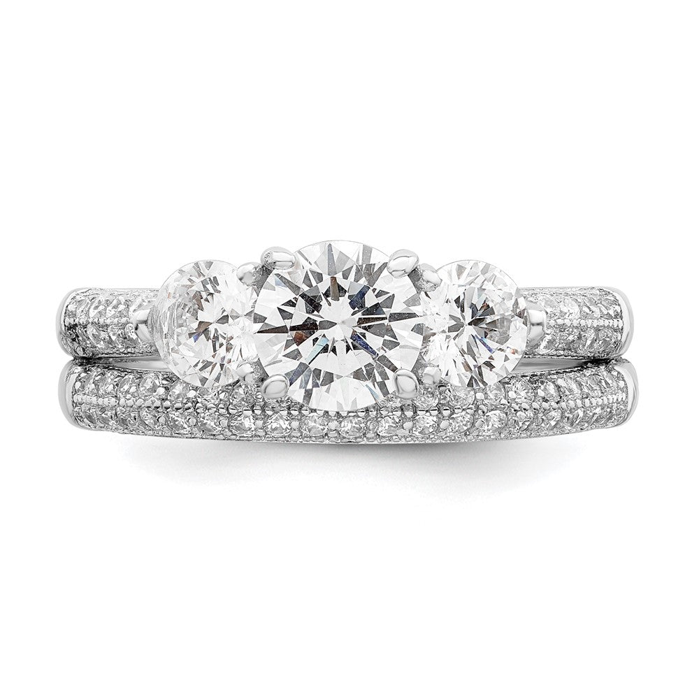 Rhodium-plated CZ 3 Stone Pave Band Engagement Ring Set - WBC