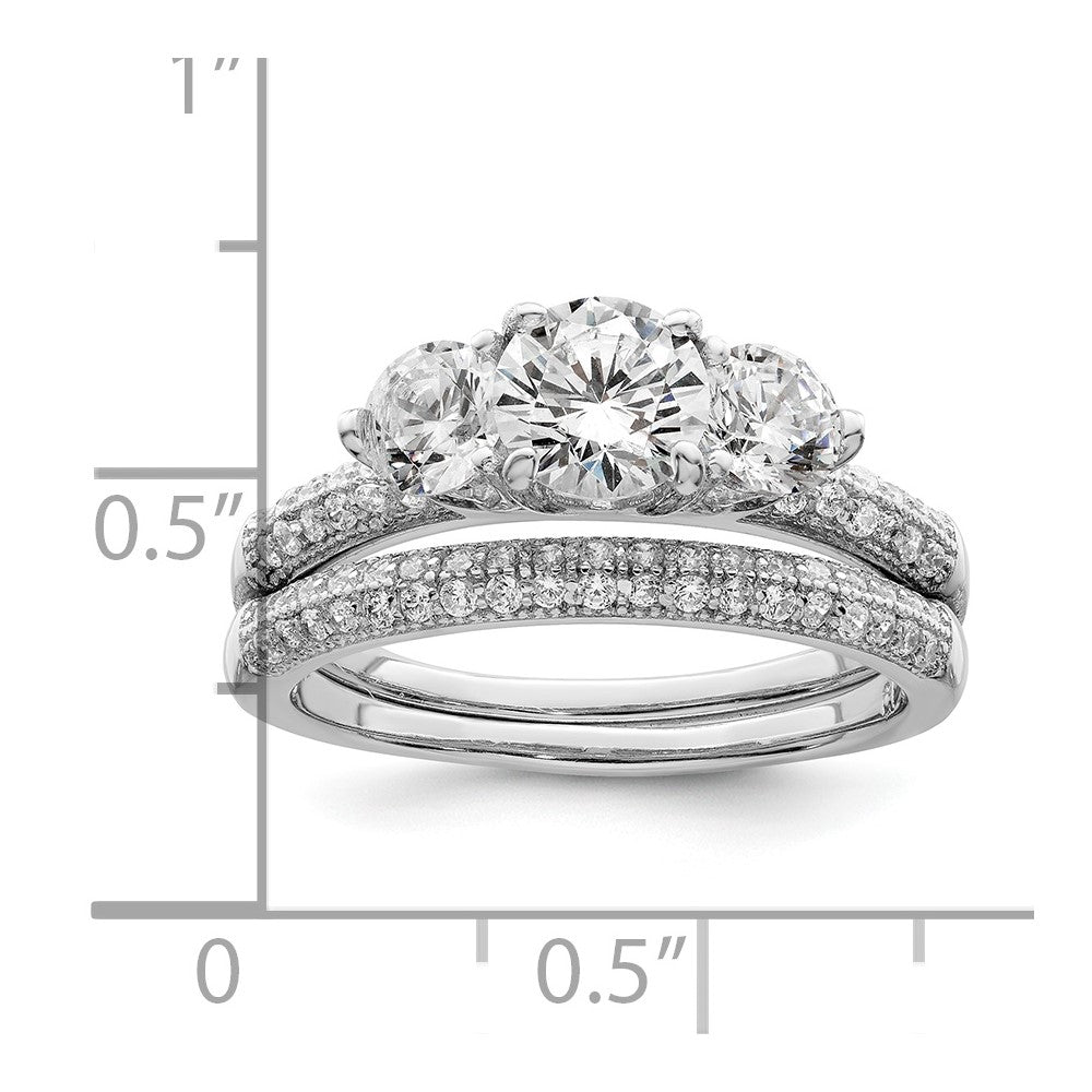 Rhodium-plated CZ 3 Stone Pave Band Engagement Ring Set - WBC