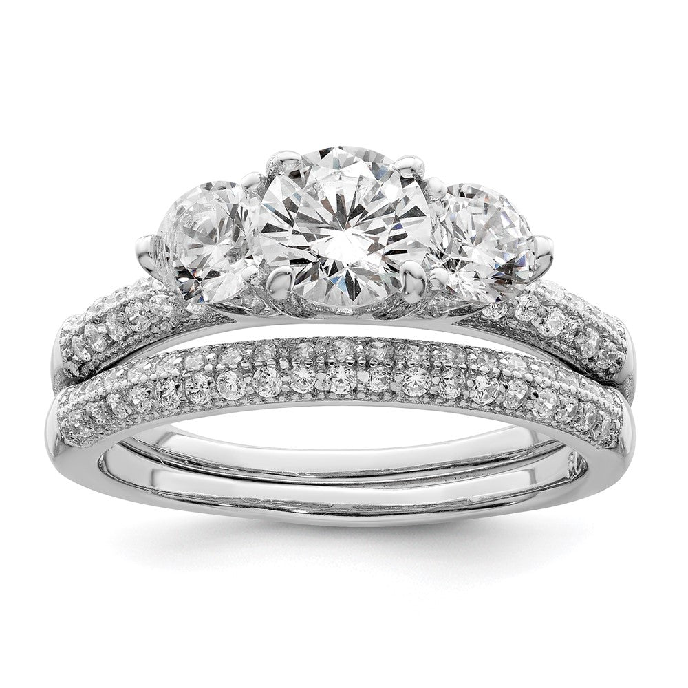Rhodium-plated CZ 3 Stone Pave Band Engagement Ring Set - WBC