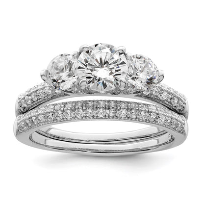 Rhodium-plated CZ 3 Stone Pave Band Engagement Ring Set - WBC
