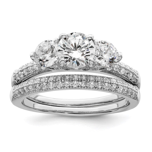 Rhodium-plated CZ 3 Stone Pave Band Engagement Ring Set - WBC