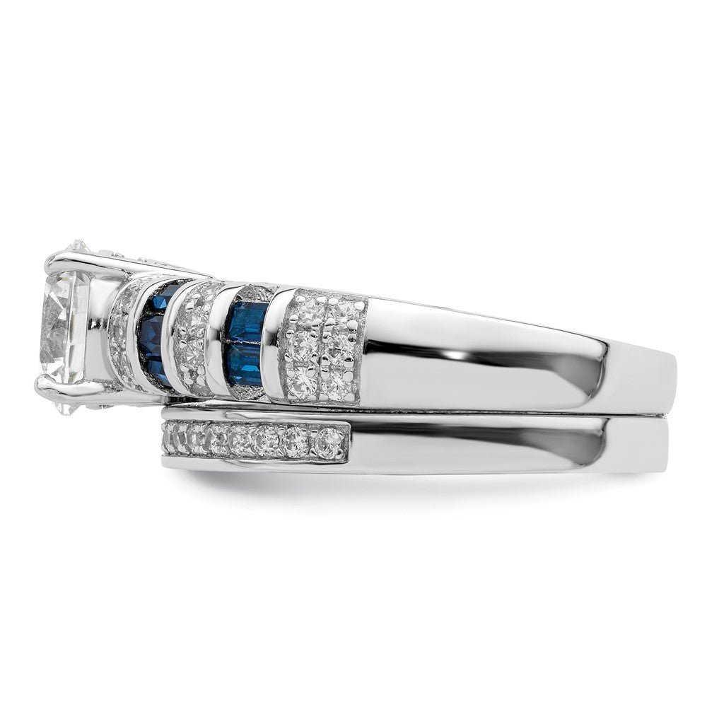 Rh-plated Polished Blue & CZ Engagement & Band Ring - WBC