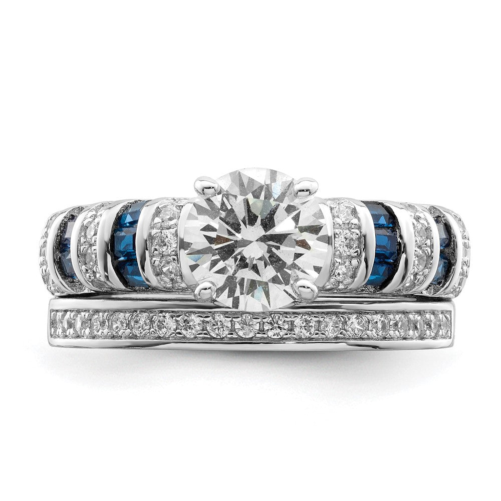 Rh-plated Polished Blue & CZ Engagement & Band Ring - WBC