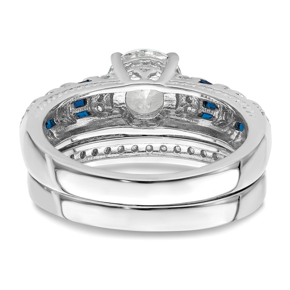 Rh-plated Polished Blue & CZ Engagement & Band Ring - WBC
