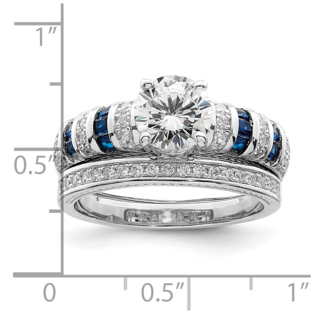 Rh-plated Polished Blue & CZ Engagement & Band Ring - WBC