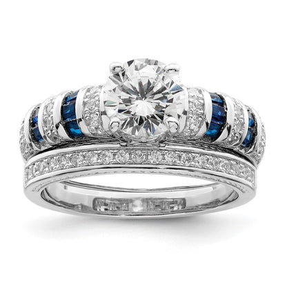 Rh-plated Polished Blue & CZ Engagement & Band Ring - WBC