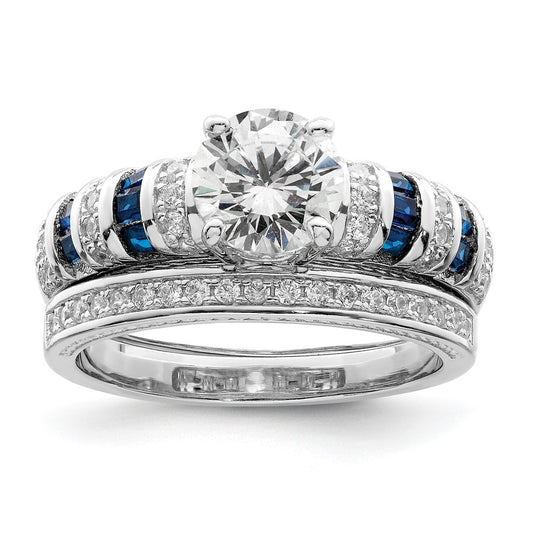 Rh-plated Polished Blue & CZ Engagement & Band Ring - WBC