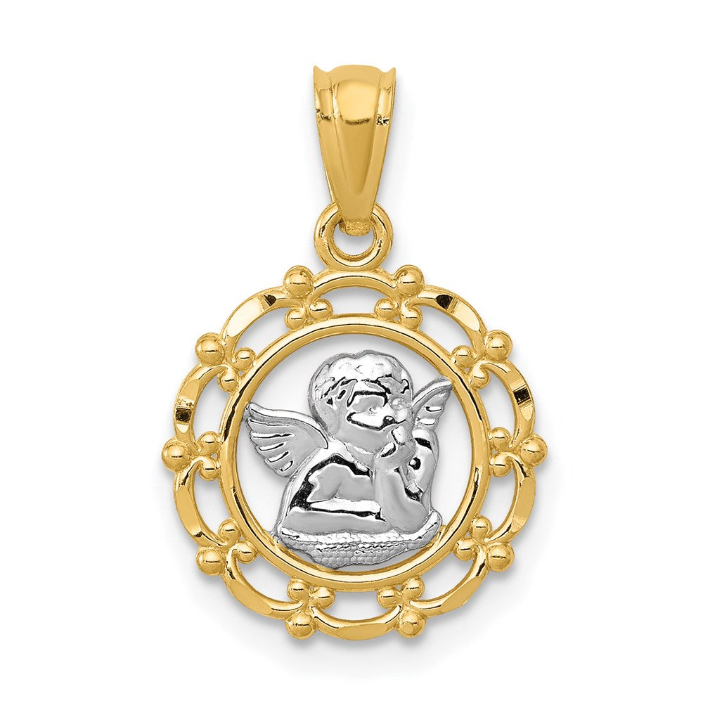 and Rhodium Scalloped Frame Cherub Round Pendant - WBC