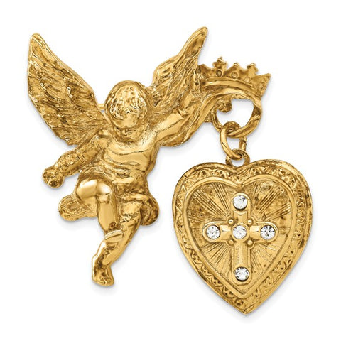 Symbols of Faith Gold-tone Angel Holding 20mm Dangle Heart Clear Crystal Cross Locket Pin Brooch Holds 2 Photos