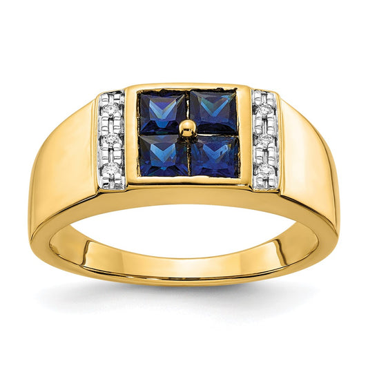 IB Goodman Square Lab-Created Sapphire Cluster and 1/20 carat Diamond Mens Ring - WBC