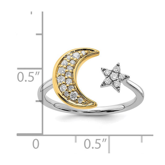 14K Solid Two-Tone Gold 1/6 ct Diamond Moon with Star Ring