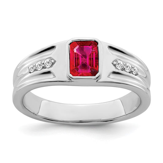 IB Goodman Emerald-cut Lab-Created Ruby and 1/10 carat Diamond Mens Ring - WBC