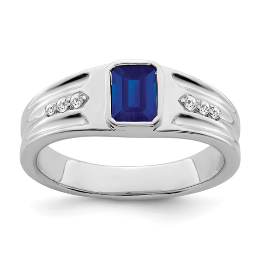 IB Goodman Emerald-cut Lab-Created Sapphire and 1/10 carat Diamond Mens Ring - WBC